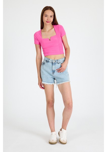 Pembe Kare Yaka V Kesim Detaylı Crop Bluz 10432 modelleri
