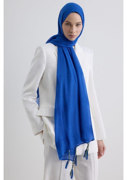 Brıce Saks Mavi Uzun Saçak Püsküllü Pamuklu Şal