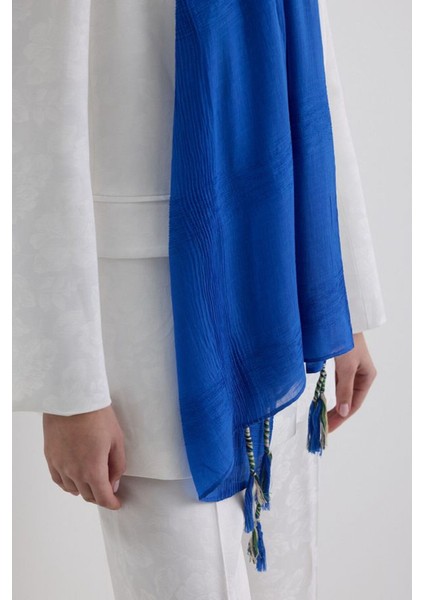 Brıce Saks Mavi Uzun Saçak Püsküllü Pamuklu Şal