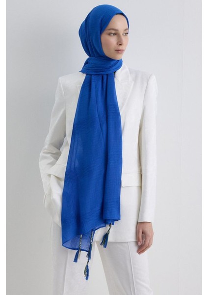 Brıce Saks Mavi Uzun Saçak Püsküllü Pamuklu Şal