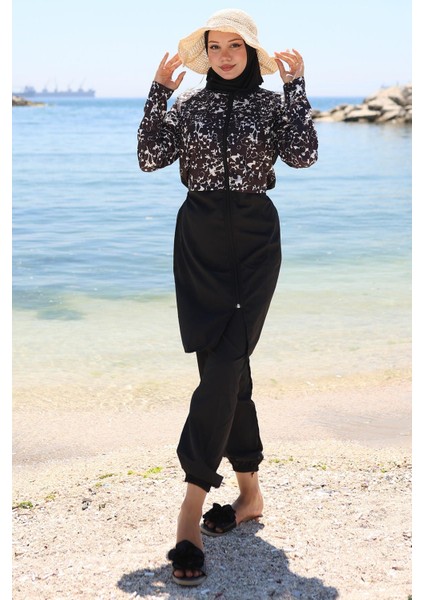 Fermuarlı Çiçek Desenli Tesettür Mayo Tam Takım Siyah HM2790