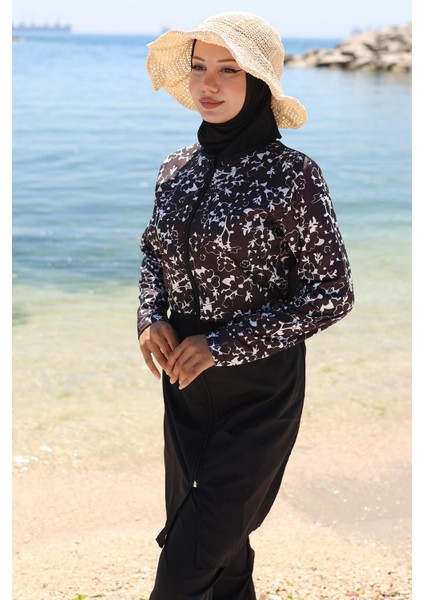 Fermuarlı Çiçek Desenli Tesettür Mayo Tam Takım Siyah HM2790 fiyatları