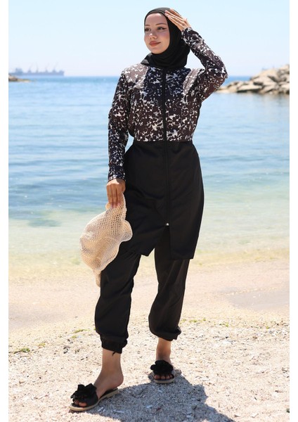 Fermuarlı Çiçek Desenli Tesettür Mayo Tam Takım Siyah HM2790 modelleri