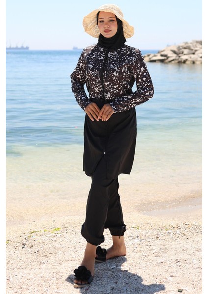 Fermuarlı Çiçek Desenli Tesettür Mayo Tam Takım Siyah HM2790 fırsatları