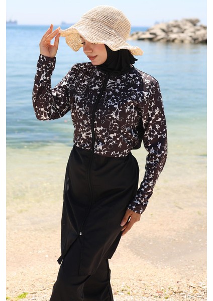 Fermuarlı Çiçek Desenli Tesettür Mayo Tam Takım Siyah HM2790 indirimleri