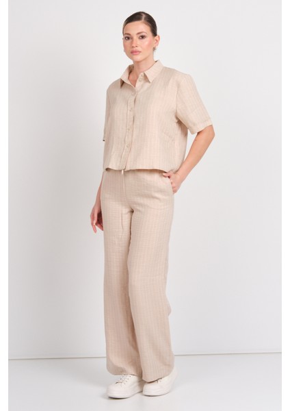 Kadın Jdypower Çizgili Kısa Kollu Gömlek 15347235 Bej