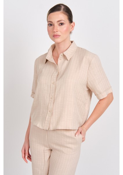 Kadın Jdypower Çizgili Kısa Kollu Gömlek 15347235 Bej fiyatları