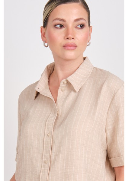 Kadın Jdypower Çizgili Kısa Kollu Gömlek 15347235 Bej modelleri