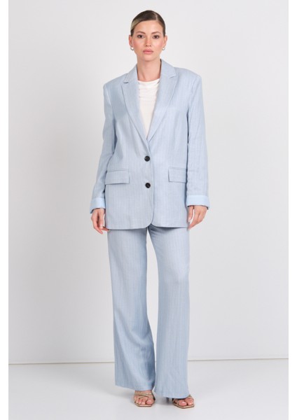 Kadın Çizgili Cepli Keten Pantolon 1197 Mavi