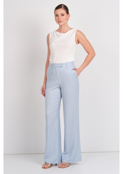 Kadın Çizgili Cepli Keten Pantolon 1197 Mavi modelleri