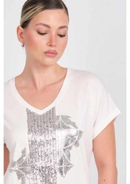 Kadın Düşük Kollu Ön Kısmı Parlak Işlemeli Bluz 5823 Ekru fiyatları