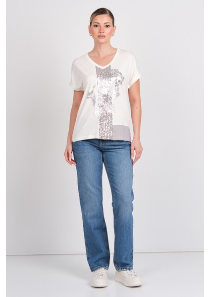 Kadın Düşük Kollu Ön Kısmı Parlak Işlemeli Bluz 5823 Ekru modelleri