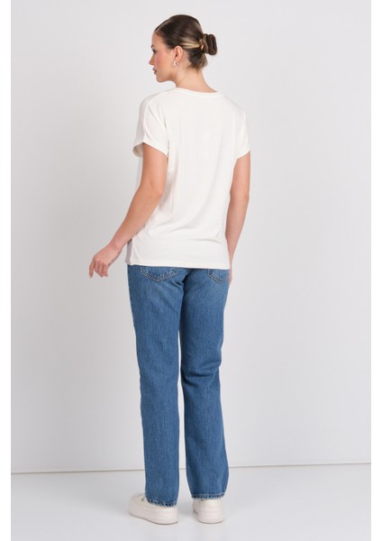 Kadın Düşük Kollu Ön Kısmı Parlak Işlemeli Bluz 5823 Ekru fırsatları