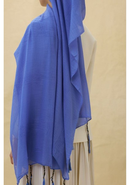 Brıce Kot Mavi Uzun Saçak Püsküllü Pamuklu Şal