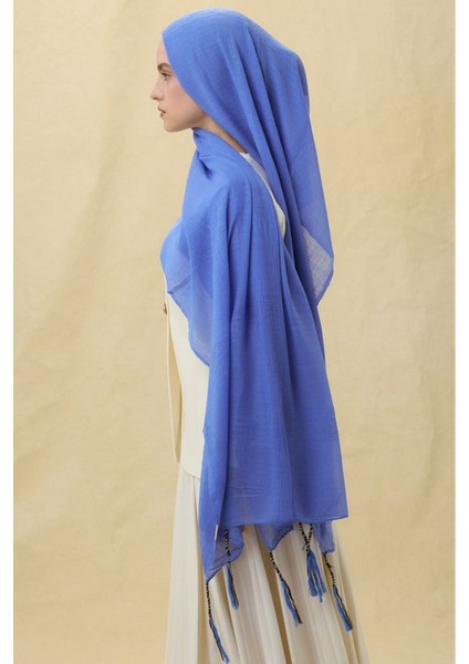 Brıce Kot Mavi Uzun Saçak Püsküllü Pamuklu Şal