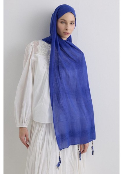 Brıce Kobalt Mavisi Uzun Saçak Püsküllü Pamuklu Şal