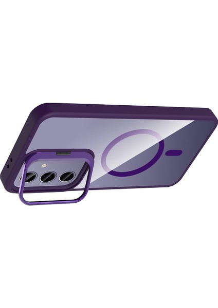 Galaxy S24 Plus Kılıf Standlı ve Kamera Lens Hediyeli M-Safe Şarj Özellikli Frm Etro Kapak - Derin