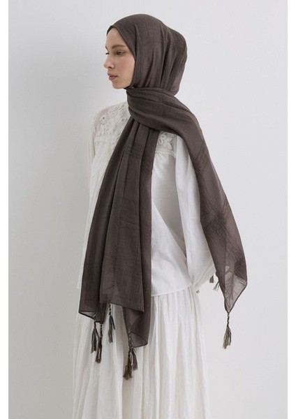 Brıce Antrasit Uzun Saçak Püsküllü Pamuklu Şal