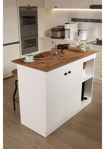 Yıldız Mutfak Adası Çok Amaçlı Dolap Masa Beyaz Atlantik Çam