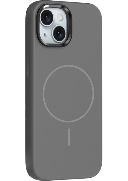 iPhone 14 Kılıf M-Safe Şarj Özellikli Metal Kamera Çerçeveli Frm Edi Silikon Kapak - Koyu Gri