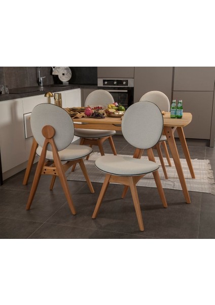 Touch Iskandinav Mutfak&Salon Masa Sandalye Takımı, El İşçiliği,Keten Bej,Meşe Rengi 80*160 (4S1M)