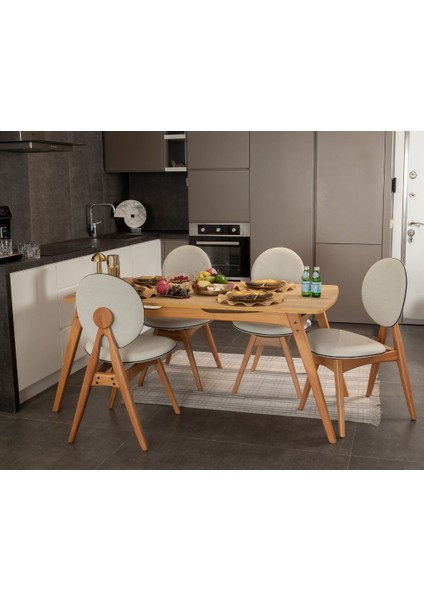 Touch Iskandinav Mutfak&Salon Masa Sandalye Takımı, El İşçiliği,Keten Bej,Meşe Rengi 80*160 (4S1M)