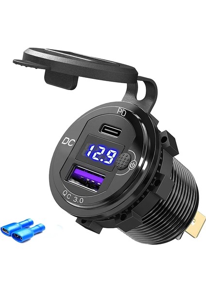 USB Şarj Soketi, 36 W Qc3.0 USB A ve USB C Soket Çift Ekran Voltmetre Gerilim ile 12/24 V Araba Deniz Gerilim Göstergeli Pd Qc3.0 Soketli 12V Modifiye Araç USB Şarj Cihazı