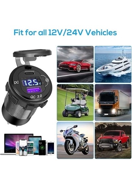 USB Şarj Soketi, 36 W Qc3.0 USB A ve USB C Soket Çift Ekran Voltmetre Gerilim ile 12/24 V Araba Deniz Gerilim Göstergeli Pd Qc3.0 Soketli 12V Modifiye Araç USB Şarj Cihazı modelleri