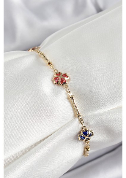 Pirinç Gold Renk Karışık Renk Yonca Zirkon Taşlı Kadın Bileklik