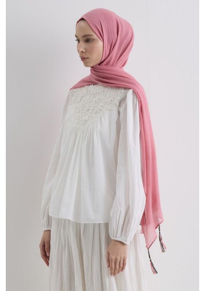 Brıce Şeker Pembe Uzun Saçak Püsküllü Pamuklu Şal