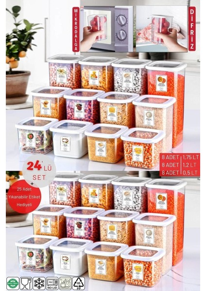 24'lü Kırılmaz Kare Saklama Kabı Seti, Beyaz, Çeşitli Boyutlar