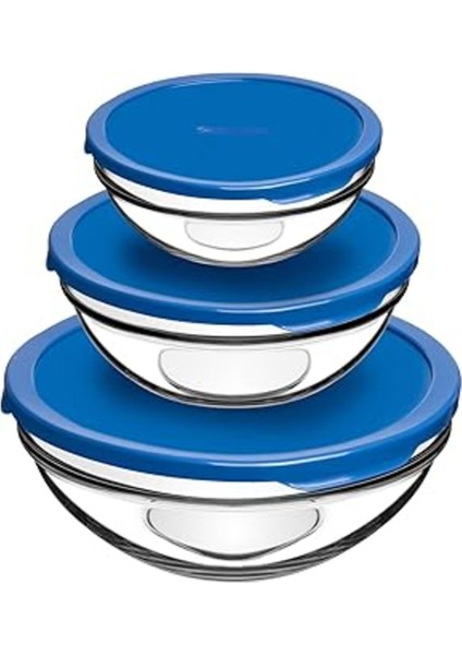 Mavi 3'lü Kapaklı Cam Saklama Kabı Seti, Dayanıklı ve Şık Tasarım