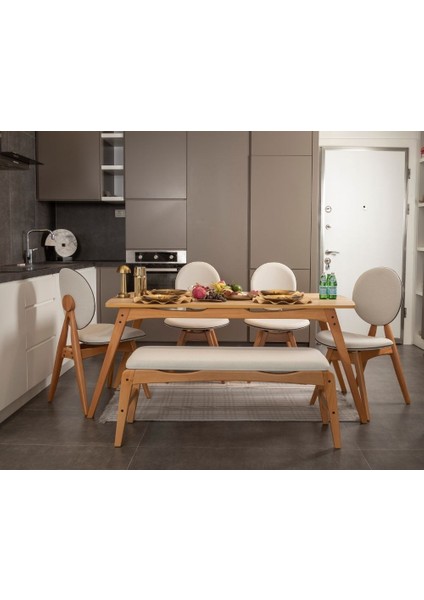 Touch Iskandinav Mutfak&Salon Masa Sandalye Takımı, El İşçiliği,Keten Bej,Meşe Rengi 80*160(4S1M1B) fırsatları
