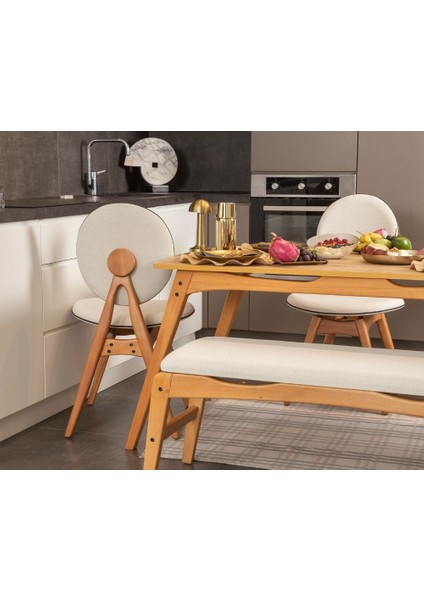 Touch Iskandinav Mutfak&Salon Masa Sandalye Takımı, El İşçiliği,Keten Bej,Meşe Rengi 80*160(4S1M1B)