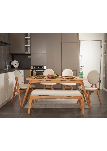 Touch Iskandinav Mutfak&Salon Masa Sandalye Takımı, El İşçiliği,Keten Bej,Meşe Rengi 80*160(4S1M1B)
