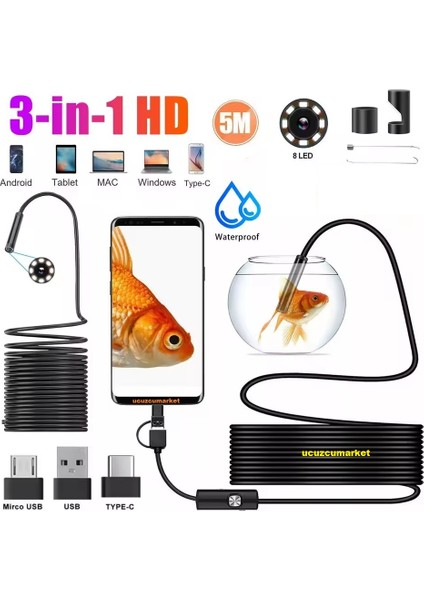 3ın1 Mıcro Usb+Type-C+Usb Androıd Uyumlu 8 mm Işıklı 5 Metre Endoskop Yılan Kamera