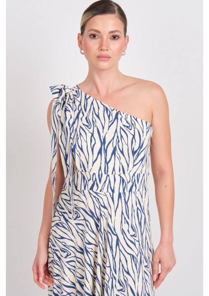 Kadın Tek Omuzlu Fiyonklu Elbise 5146 Mavi modelleri