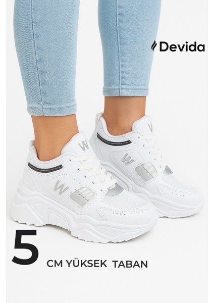 Kadın Beyaz Spor Ayakkabı 5 Cm Yüksek Air Taban Günlük Sneaker X110