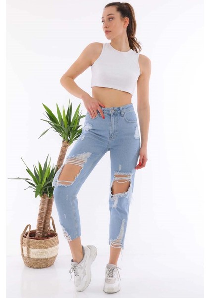 Lazerli Bilek Boy Kadın Mom Jean Pantolon 1037-779B Mavi fiyatları