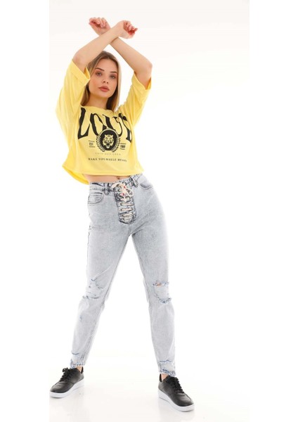 Belden Bağlamalı Kadın Mom Jean Pantolon 4534 Gri