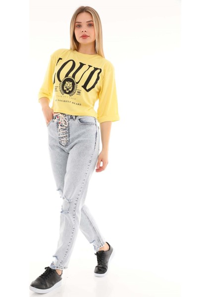 Belden Bağlamalı Kadın Mom Jean Pantolon 4534 Gri modelleri