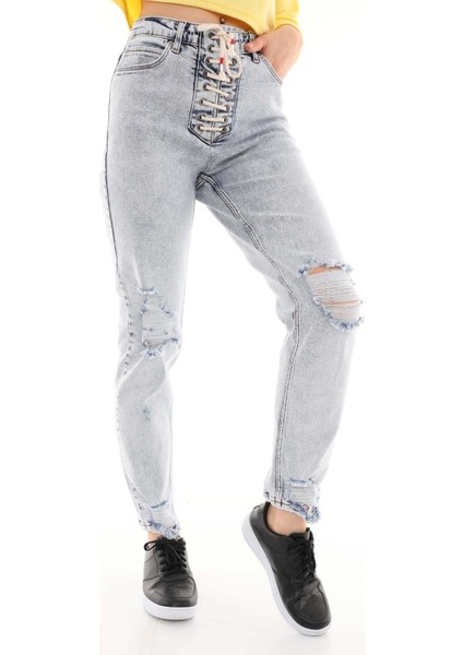 Belden Bağlamalı Kadın Mom Jean Pantolon 4534 Gri fırsatları
