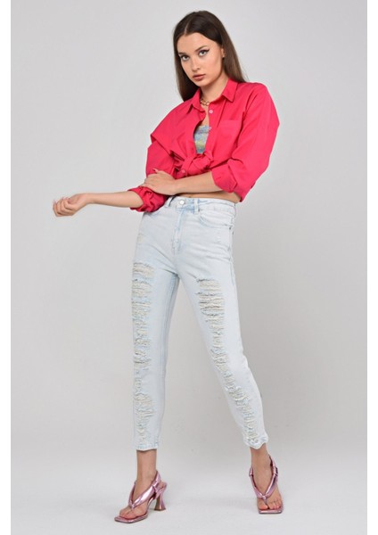 Lazer Kesim Kadın Mom Jean Pantolon 1037-869 Buz Mavisi