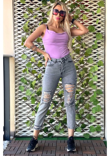 Lazer Kesim Mom Jean Kadın Pantolon 1037-162 Gri