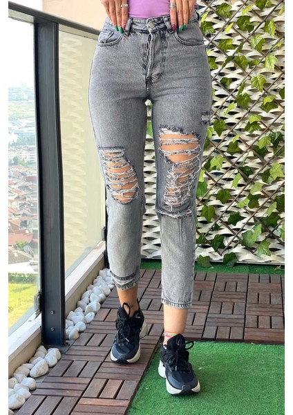 Lazer Kesim Mom Jean Kadın Pantolon 1037-162 Gri fiyatları