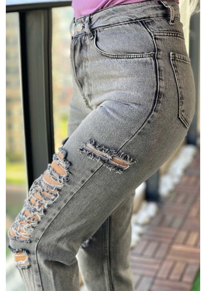 Lazer Kesim Mom Jean Kadın Pantolon 1037-162 Gri modelleri