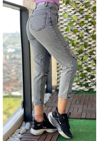 Lazer Kesim Mom Jean Kadın Pantolon 1037-162 Gri fırsatları