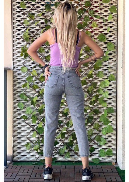 Lazer Kesim Mom Jean Kadın Pantolon 1037-162 Gri indirimleri