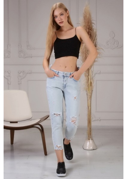 Lazer Kesim Kadın Mom Jean Pantolon 4088-840 Buz Mavisi