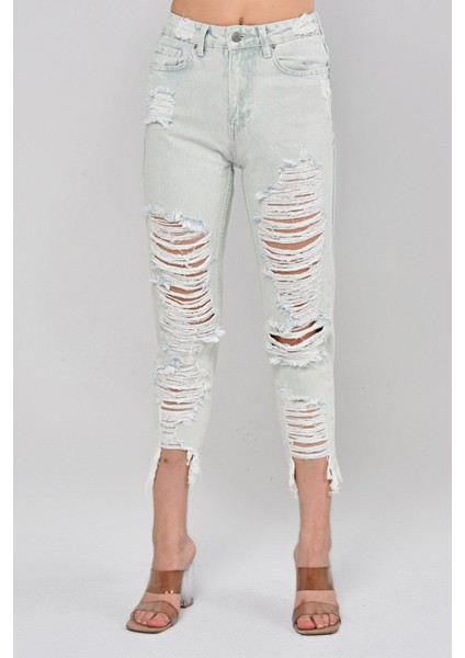 Lazer Kesim Kadın Mom Jean Pantolon 1037-875A Su Yeşili modelleri
